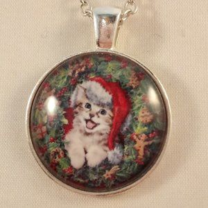 Silver Cat Santa Hat Wreath Cabochon Pendant Necklace 20" Party Gift
